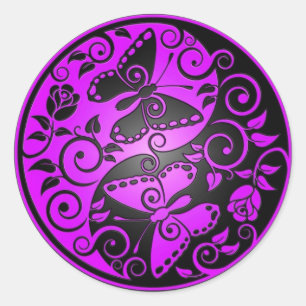 Yin Yang Butterflies, purple & black Classic Round Sticker