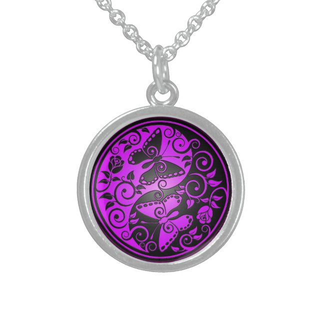 Yin Yang Butterflies, purple & black Sterling Silver Necklace (Front)