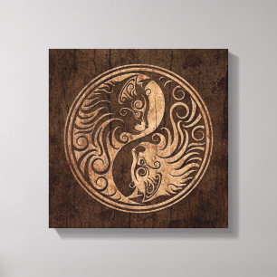 Yin Yang Cats with Wood Grain Effect Canvas Print