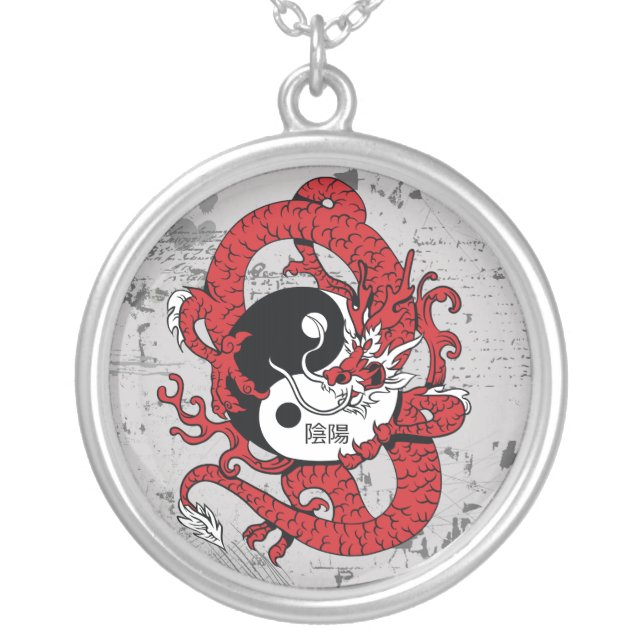 Yin yang Chinese symbol and dragon Silver Plated Necklace (Front)