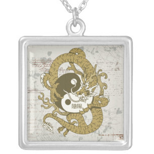 Yin yang Chinese symbol and dragon Silver Plated Necklace