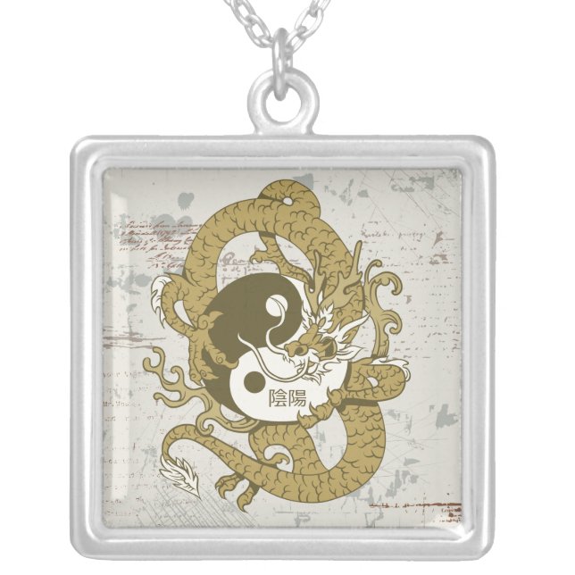 Yin yang Chinese symbol and dragon Silver Plated Necklace (Front)
