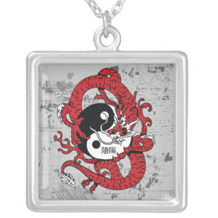Yin yang Chinese symbol and dragon Silver Plated Necklace