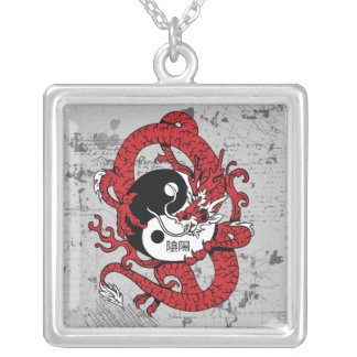 Yin yang Chinese symbol and dragon Silver Plated Necklace