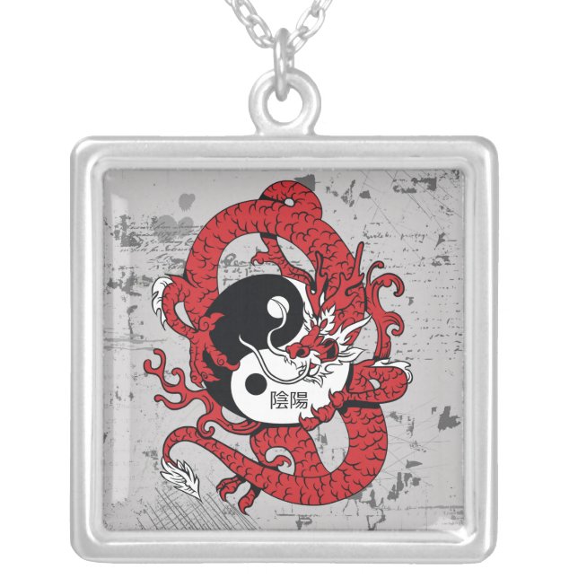 Yin yang Chinese symbol and dragon Silver Plated Necklace (Front)