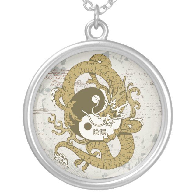 Yin yang Chinese symbol and dragon Silver Plated Necklace (Front)