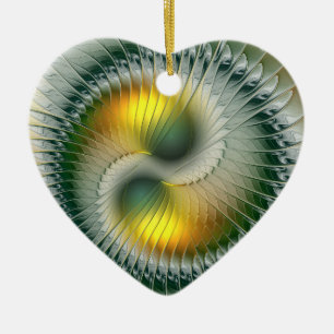 Yin Yang Christmas Colors Abstract Fractal Heart Ceramic Ornament