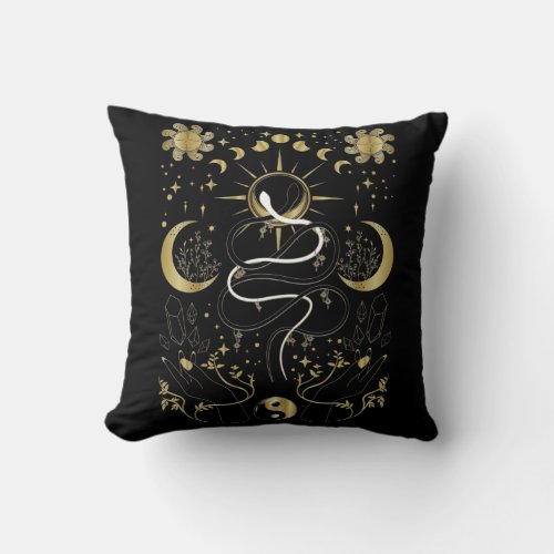 Yin Yang Crescent Moon Sun Celestial Snakes Throw Pillow