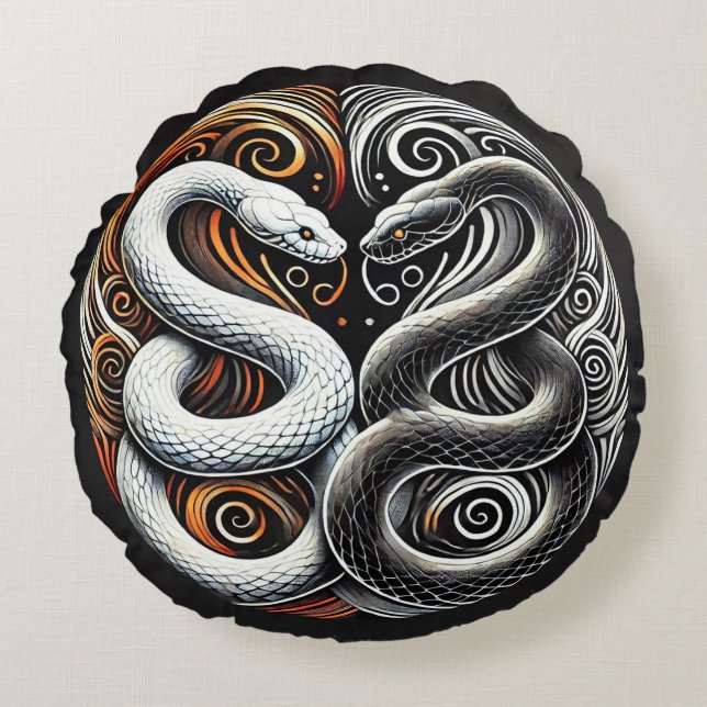 Yin Yang Design Featuring Two Snakes Round Pillow (Front)