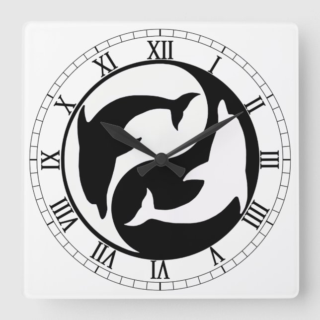 Yin Yang Dolphins Square Roman Numerals Clock (Front)
