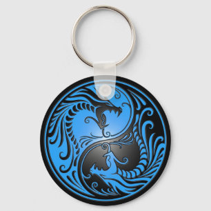 Yin Yang Dragons, blue and black Keychain