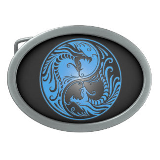 Yin Yang Dragons, blue and black Oval Belt Buckle