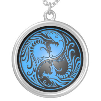 Yin Yang Dragons, blue and black Silver Plated Necklace