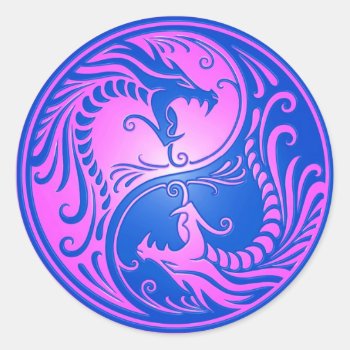 Yin Yang Dragons  Blue And Purple Classic Round Sticker by JeffBartels at Zazzle