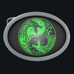 Yin Yang Dragons, green and black Oval Belt Buckle<br><div class="desc">This stunning yin yang design features two stylized tribal dragons. Intricate lines and swirls decorate both sides of this traditional symbol creating a beautiful pattern. The two dragons flow from the bottom of the teardrop and have their mouths wide open in an aggressive stance. This unique yin yang makes a...</div>