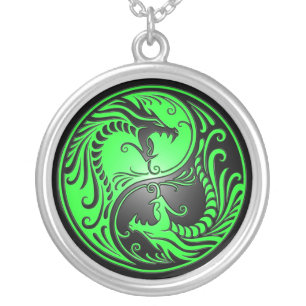 Yin Yang Dragons, green and black Silver Plated Necklace