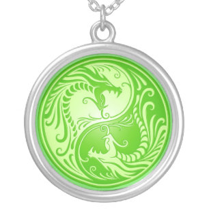 Yin Yang Dragons, light green Silver Plated Necklace