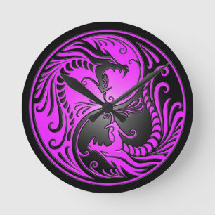 Yin Yang Dragons, purple and black Round Clock