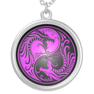 Yin Yang Dragons, purple and black Silver Plated Necklace