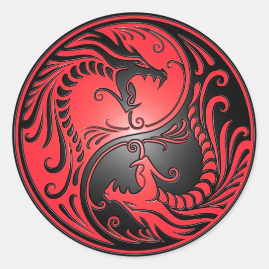 Yin Yang Dragons, red and black Classic Round Sticker ...