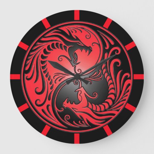 Yin Yang Dragons red and black Large Clock
