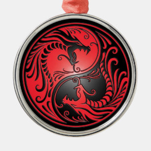 Yin Yang Dragons, red and black Metal Ornament