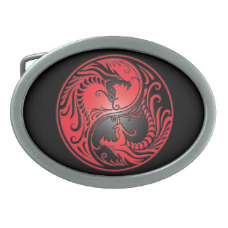 Yin Yang Dragons, red and black Oval Belt Buckle