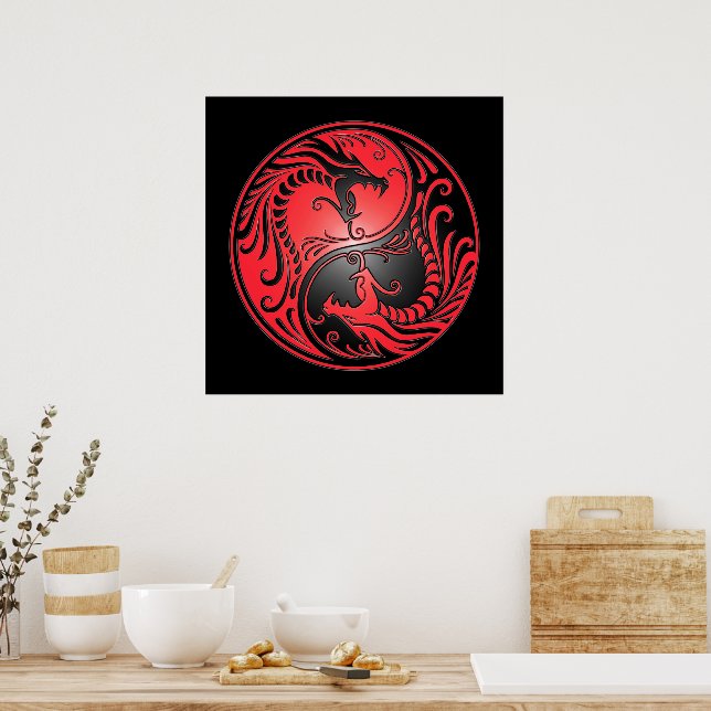 Yin Yang Dragons, red and black Poster | Zazzle