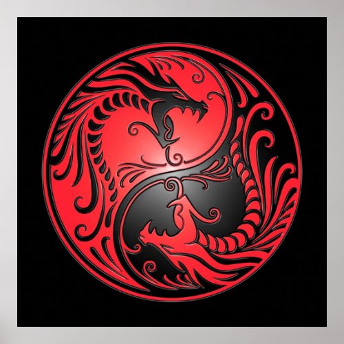 Yin Yang Dragons red and black Poster