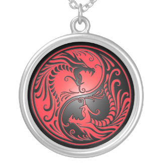 Yin Yang Dragons, red and black Silver Plated Necklace