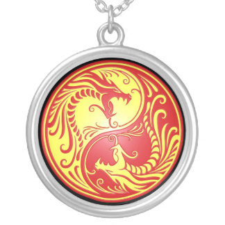 Yin Yang Dragons, red and yellow Silver Plated Necklace