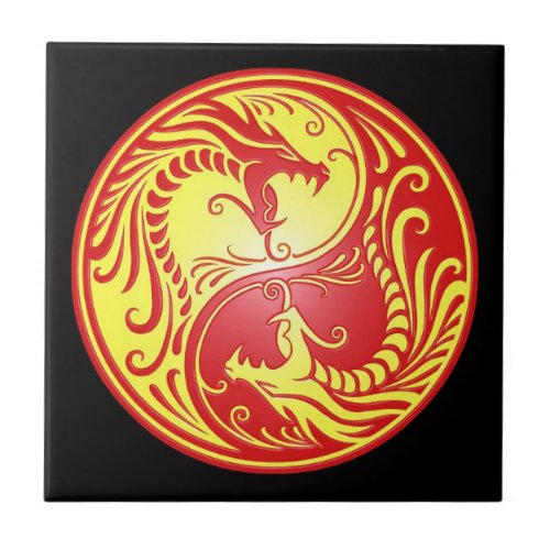 Yin Yang Dragons red and yellow Tile