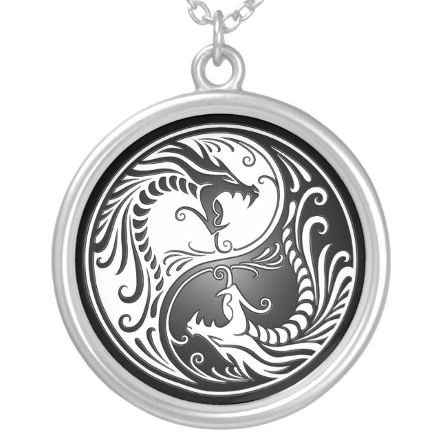Yin Yang Dragons Silver Plated Necklace (Front)