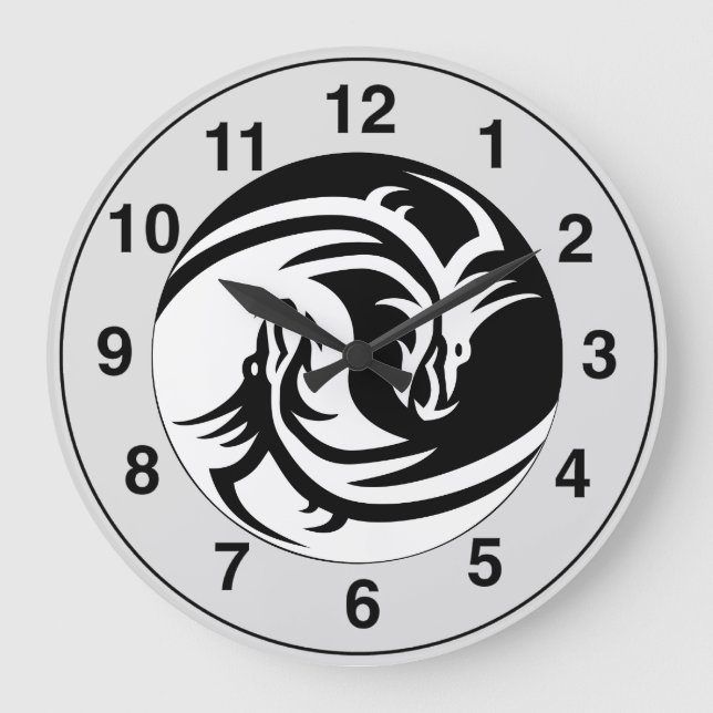 Yin Yang Dragons Tribal Tattoo Design Wall Clock (Front)