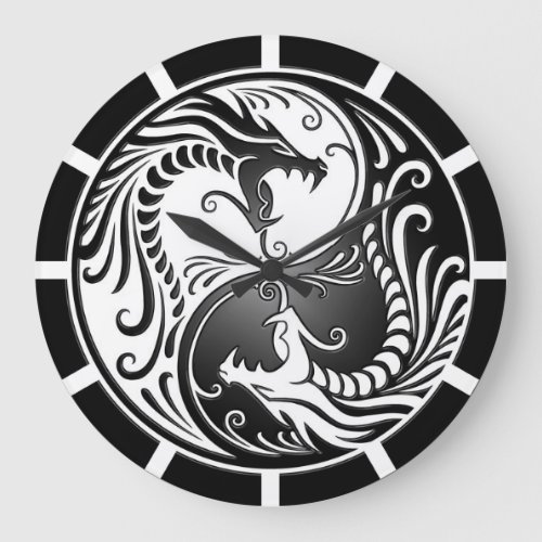 Yin Yang Dragons white and black Large Clock