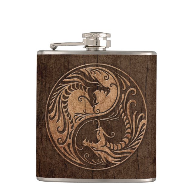 Yin Yang Dragons with Wood Grain Effect Flask (Front)