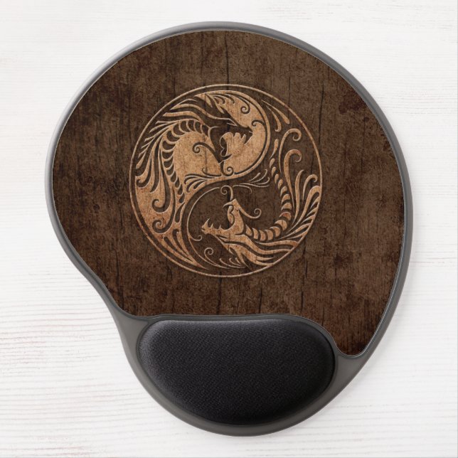Yin Yang Dragons with Wood Grain Effect Gel Mouse Pad (Front)