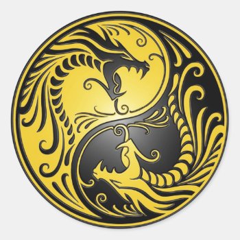 Yin Yang Dragons  Yellow And Black Classic Round Sticker by JeffBartels at Zazzle