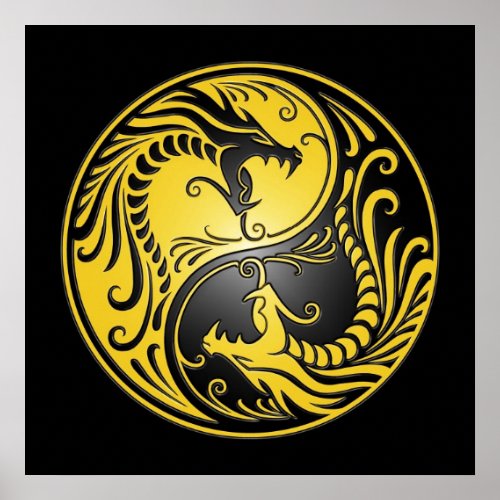 Yin Yang Dragons yellow and black Poster