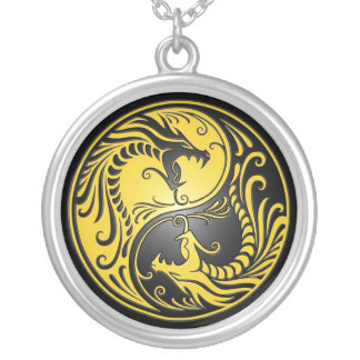 Yin Yang Dragons, yellow and black Silver Plated Necklace