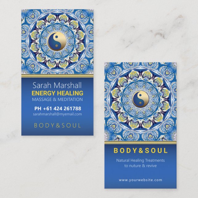 Yin Yang Energy Healing Blue Yellow Mandala Business Card (Front/Back)