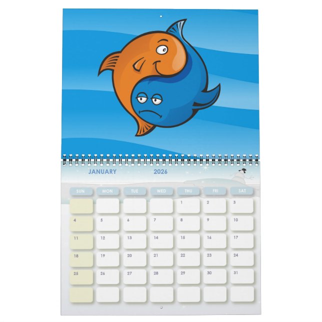 Yin Yang Fish Cartoon Calendar (Jan 2026)
