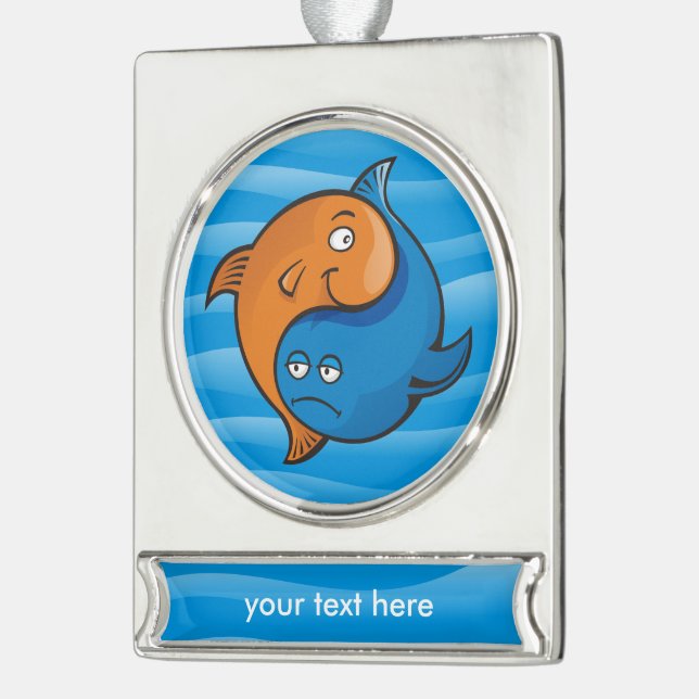Yin Yang Fish Cartoon Silver Plated Banner Ornament (Left)