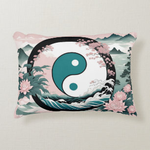Yin Yang, Floral Mountain Pink Sage Teal Accent Pillow