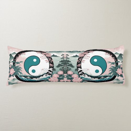 Yin Yang Floral Mountain Pink Sage Teal Body Pillow