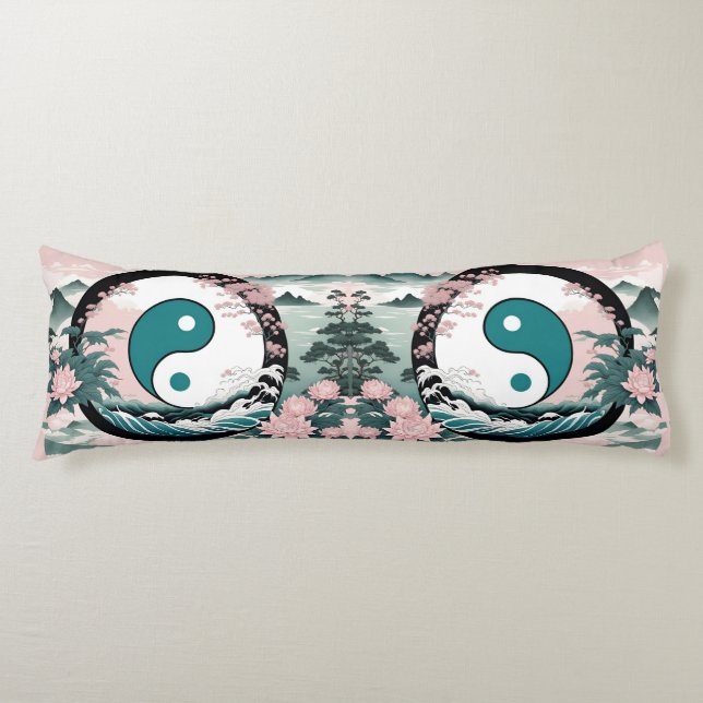 Yin Yang, Floral Mountain Pink Sage Teal Body Pillow (Front)