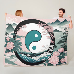 Yin Yang, Floral Mountain Pink Sage Teal Fleece Blanket