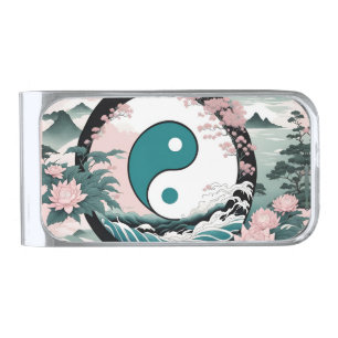Yin Yang, Floral Mountain Pink Sage Teal Silver Finish Money Clip