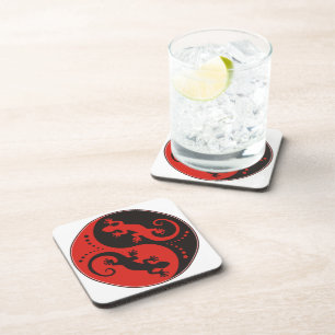 YIN & YANG Geckos black red + your background idea Beverage Coaster