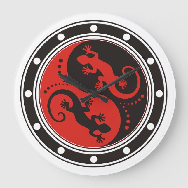 YIN & YANG Geckos black red + your background idea Large Clock (Front)